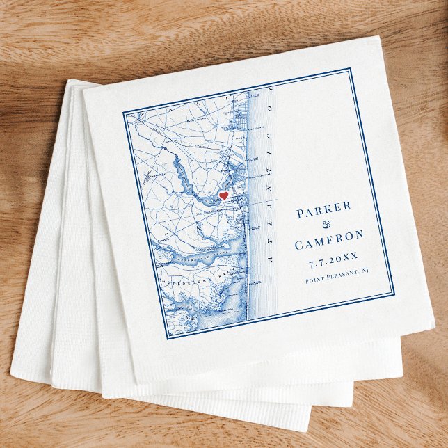 Point Pleasant New jersey Karta Elegant bröllop Pappersservett (Point Pleasant NJ Map Wedding Cocktail Napkins in elegant navy blue from Coastal Map Designs)