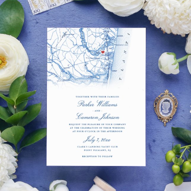 Point Pleasant New jersey Karta Elegant Navy Bröll Inbjudningar (Point Pleasant NJ Yacht Club Wedding Invitation in Elegant Navy Blue from Coastal Map Designs)