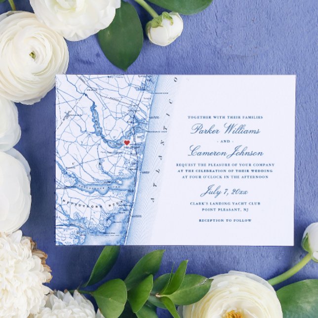 Point Pleasant New jersey Karta Elegant Navy Bröll Inbjudningar (Point Pleasant NJ Map Wedding Invitation in Elegant Navy Blue from Coastal Map Designs)