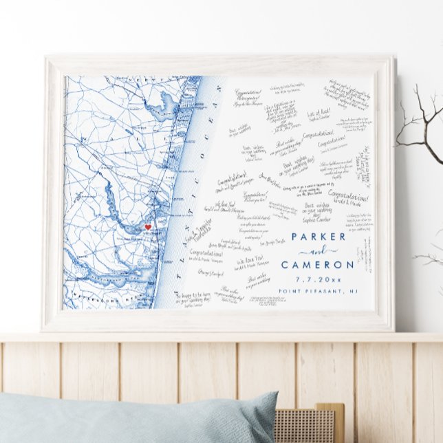 Point Pleasant NJ Bröllop Karta Guest Bok Poster (Point Pleasant NJ Map Wedding guest book poster in modern navy blue from Coastal Map Designs)