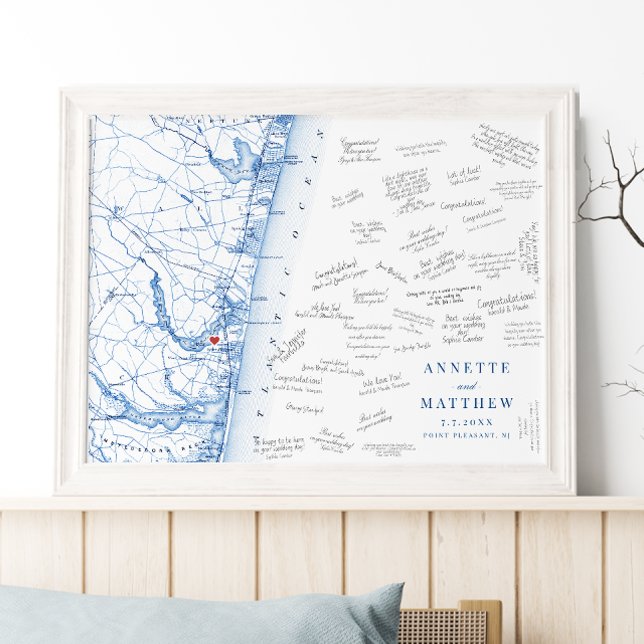 Point Pleasant NJ Bröllop Karta Guest Bok Poster (Point Pleasant NJ Map Wedding guest book poster in elegant navy blue from Coastal Map Designs)