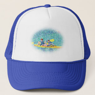 Pointillism kayak-målning, avgjord oval ram, hatt truckerkeps