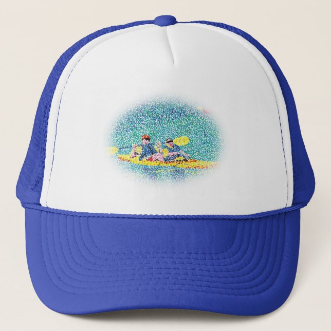 Pointillism kayak-målning, avgjord oval ram, hatt truckerkeps (Framsida)