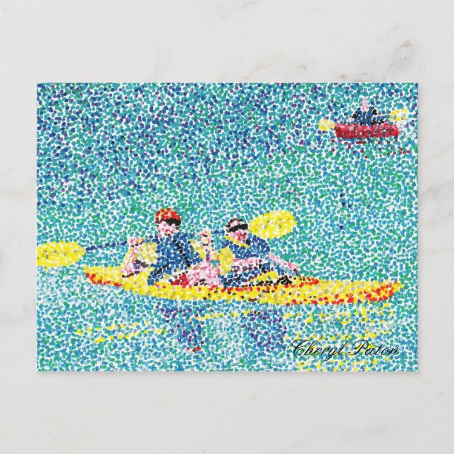 Pointillism kayak-scenen vid floden vykort (Framsida)