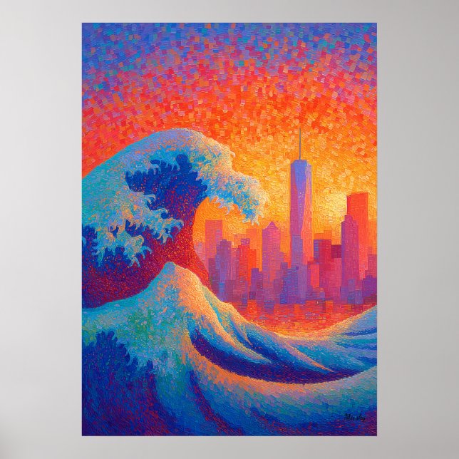 Pointillism Ocean Wave New York Skyline Poster (Framsidan)