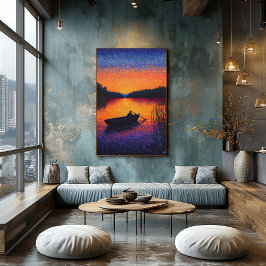 Pointillism Sunset med Rowboat på Sjö Poster