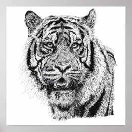 Pointillism Tigerhuvud Svart & Vitt Vilda Djur Kon Poster