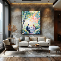 Pointillistiskt par som njuter av te utomhus