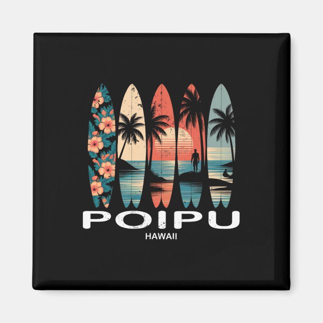 Poipu Beach Hawaii Surfbräda Surfning Retro  Magnet (Framsidan)