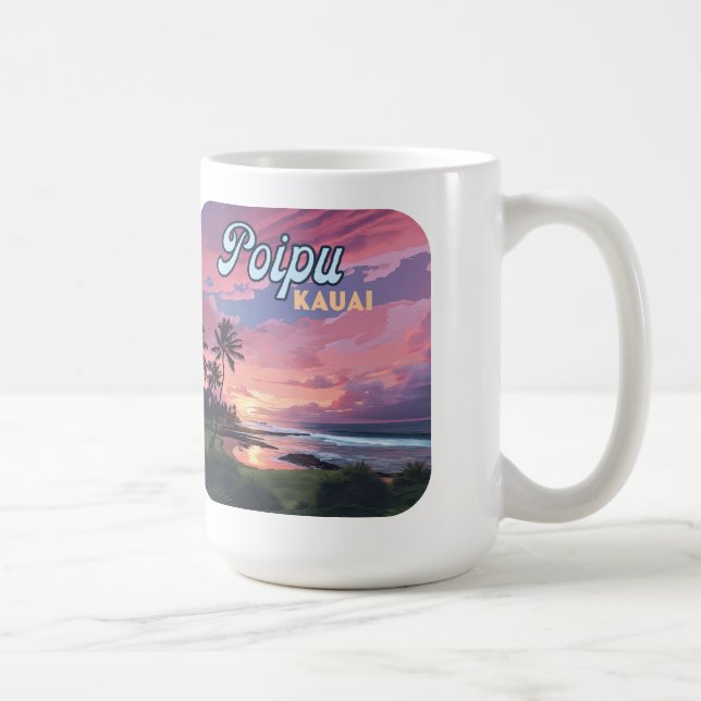 Poipu Kauai Hawaii Beach Handflatan Träd Retro Kaffemugg (Höger)