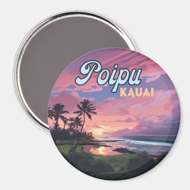 Poipu Kauai Hawaii Beach Handflatan Träd Retro Magnet (Front/Back)