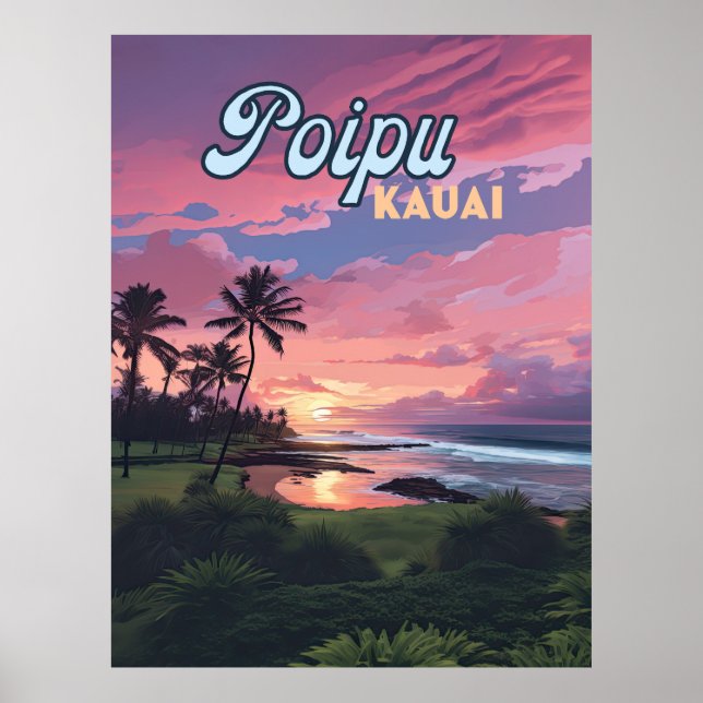 Poipu Kauai Hawaii Beach Handflatan Träd Retro Poster (Framsidan)
