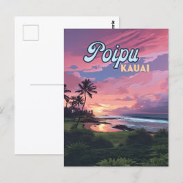 Poipu Kauai Hawaii Beach Handflatan Träd Retro Vykort
