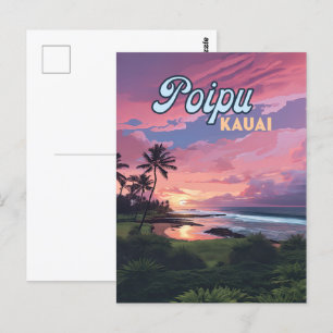 Poipu Kauai Hawaii Beach Handflatan Träd Retro Vykort