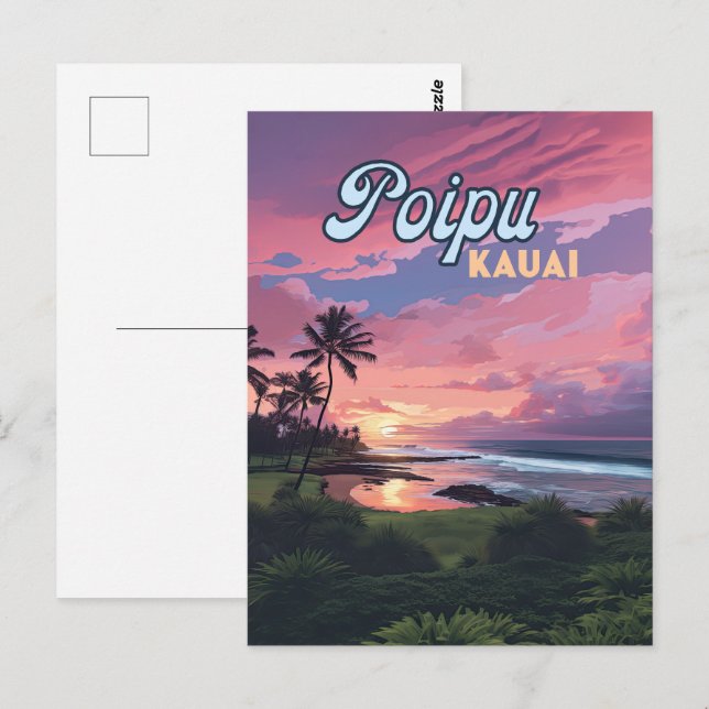 Poipu Kauai Hawaii Beach Handflatan Träd Retro Vykort (Fram/baksida)