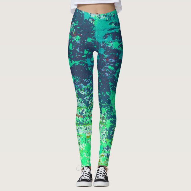 Poison Himlar Abstrakt, Blue Grönt Splatter Paint Leggings (Framsida)