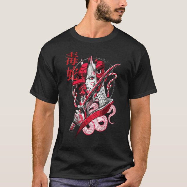 Poison Snake Samurai Oni Mask Japansk Demon Kanji T Shirt (Framsida)