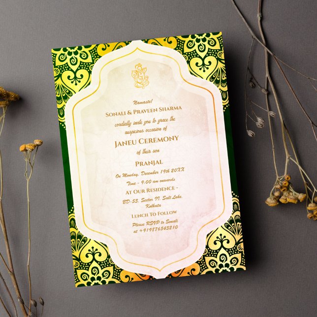 Poite Janeu Upanayanam Hindu Holy Thread Blue Gold Inbjudningar (Skapare uppladdad)