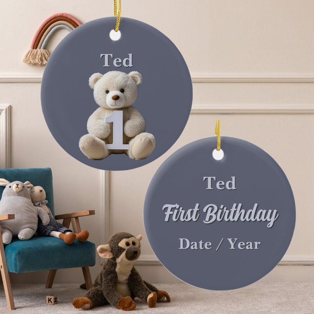 Pojk 1:a födelsedag Nalle och ballonger Julgransprydnad Keramik (Baby 1st birthday milestone keepsake ornament cute teddy bear name date and special occasion fields)