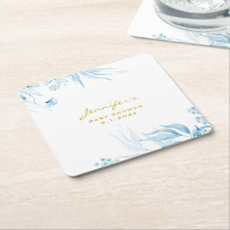 Pojk Babyshower, Blå Monokrom Stilleben Blommor Underlägg Papper Kvadrat