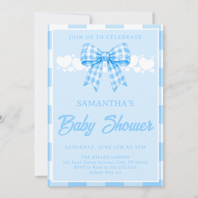 Pojk Babyshower Blå Rutig Slöja Inbjudningar (Framsida)