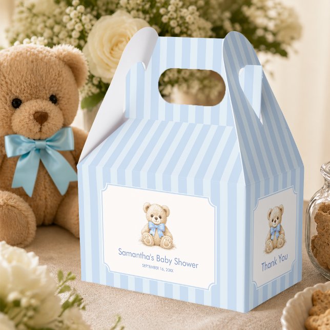 Pojk Babyshower Nalleblå Ränder Tack Presentaskar (Skapare uppladdad)