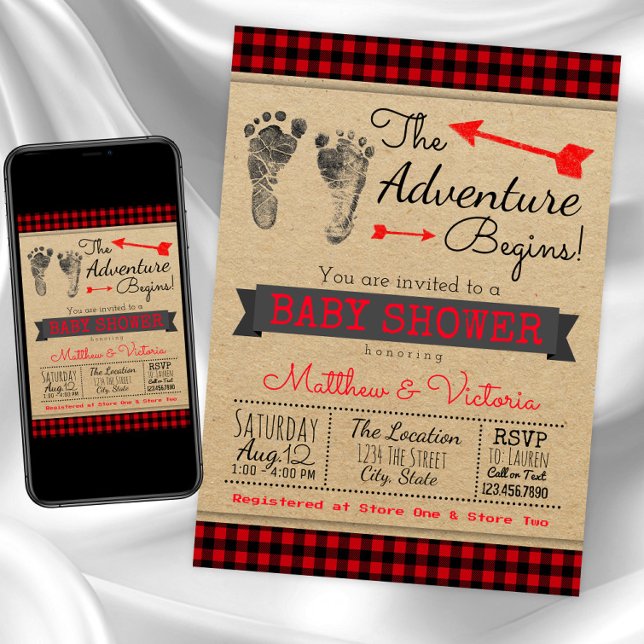 Pojk buffélöpare baby shower inbjudningar (Buffalo plaid baby shower invitation. Instant download and printed invitations available.)