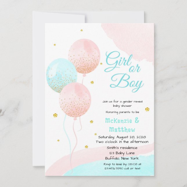 Pojk eller Glitter Balloons Baby Gender Reveal Inbjudningar (Framsida)