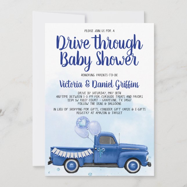 Pojk genom Covid Baby Shower Lastbil Inbjudningar (Framsida)