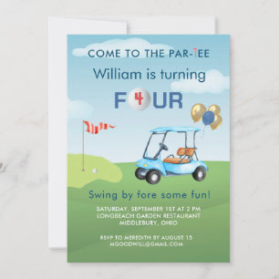 Pojk Golf Cart Par-tee 4-års födelsedag Inbjudningar