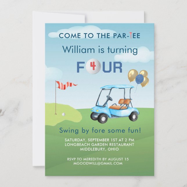 Pojk Golf Cart Par-tee 4-års födelsedag  Inbjudningar (Framsida)