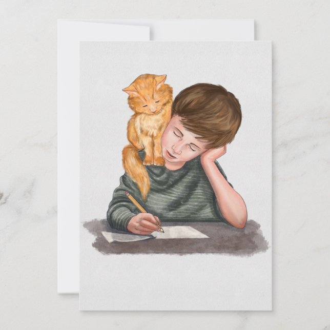 Pojk, katt på axeln, handgjord/ klassisk julkort (Framsida)