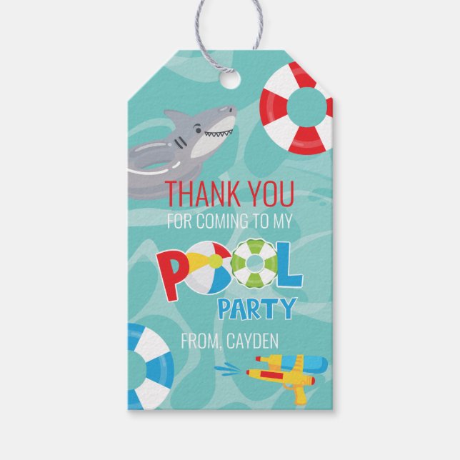 Pojk poolparty födelsedags haj tack presentfavor presentetikett (Framsidan)