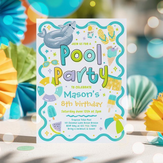 Pojk poolparty sommar tropisk simning födelsedag  inbjudningar (Skapare uppladdad)