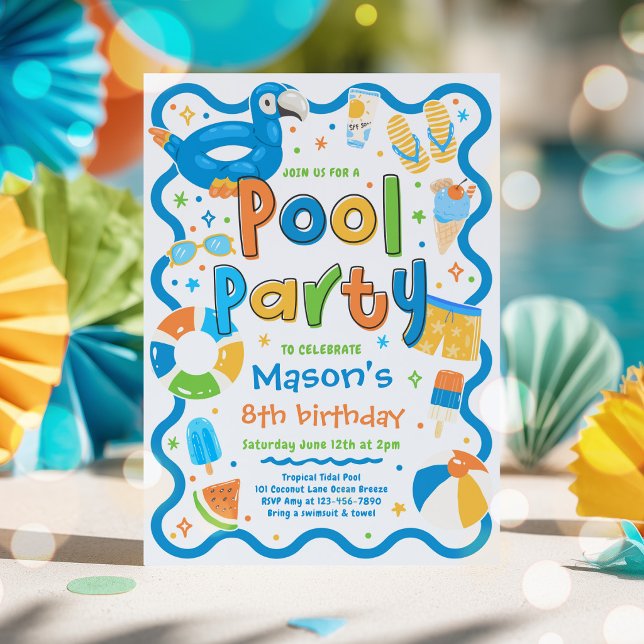 Pojk poolparty sommar tropisk simning födelsedag  inbjudningar (Skapare uppladdad)