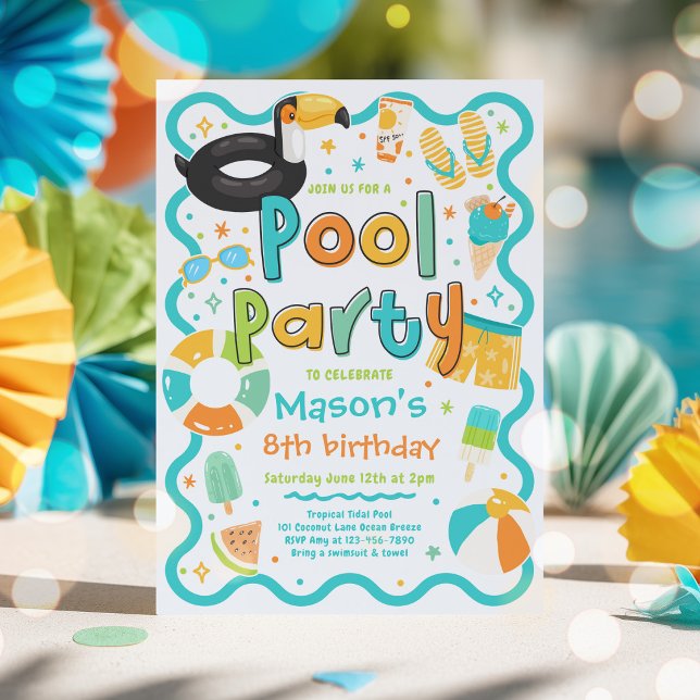 Pojk poolparty sommar tropisk simning födelsedag  inbjudningar (Skapare uppladdad)