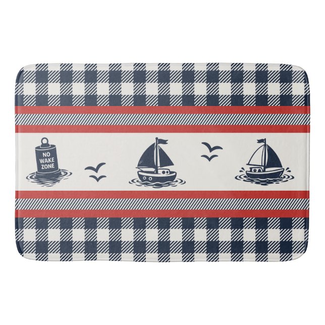 Pojkaktiga segelbåt & Gingham - Barnröd & Marinblå Badrumsmatta (Framsidan)