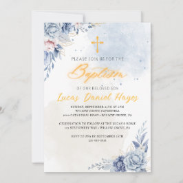 Pojkar baptism religiösa modern blå vattenfärg inbjudningar