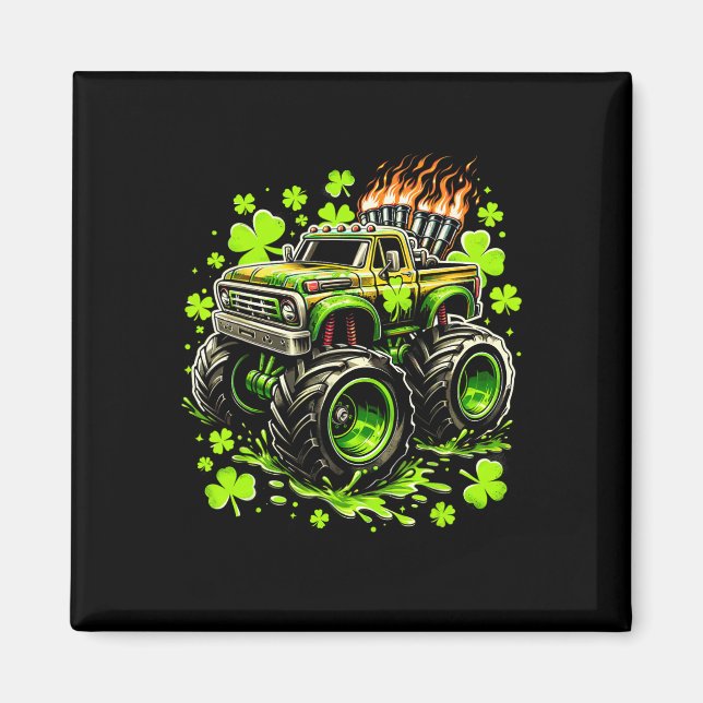 Pojkar Barn Monster Grön Lastbil Shamrock St Patri Magnet (Framsidan)