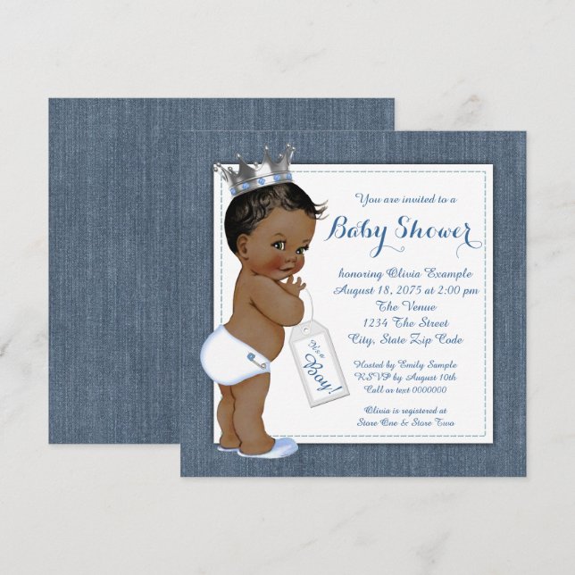 Pojkar Blå Denim Afroamerikansk Baby Shower Inbjudningar (Fram/baksida)