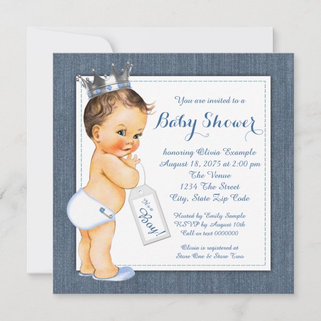 Pojkar Blå Denim Baby Shower Inbjudningar (Framsida)