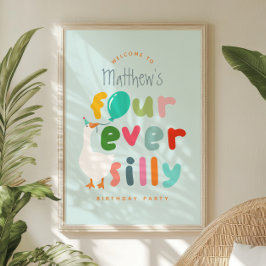 Pojkar Blå Dumma Gås 4-års Födelsedags Hälsning Poster