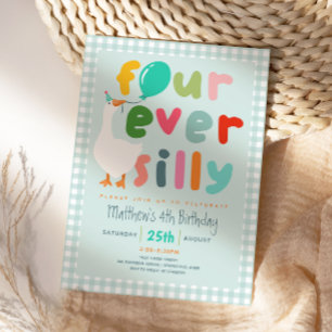 Pojkar Blå ”Four Ever Silly” Gås 4-årsdag Inbjudningar