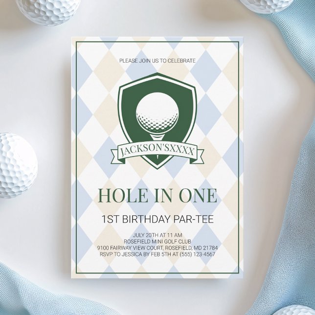 Pojkar Blå Golf Hål-i-ett 1-års Födelsedagsfest Inbjudningar (Boys Blue Golf Hole in One 1st Birthday Party Invitation)