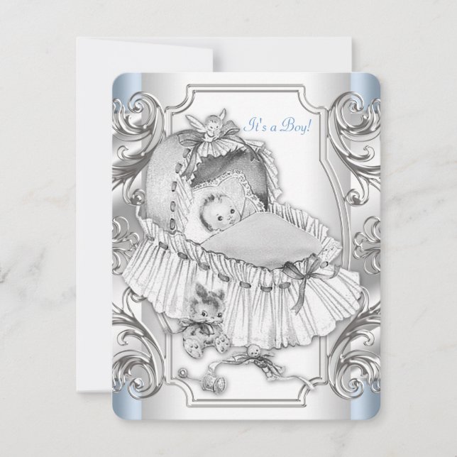 Pojkar Blå och Silver Baby Shower Inbjudningar (Framsida)