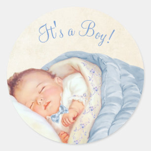 Pojkar Blå Vintage Baby Shower Runt Klistermärke