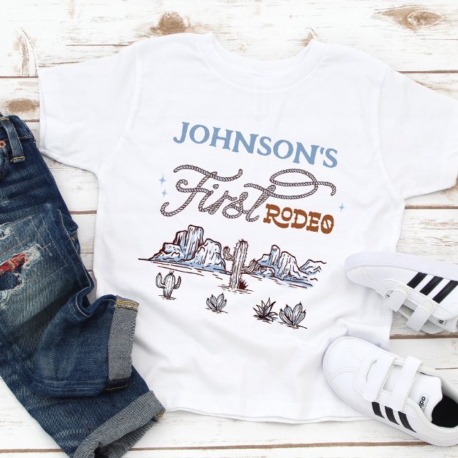 Pojkar Blå Western Öken Första Rodeo 1-årsdag T Shirt (Boys First Rodeo Birthday Party T-shirt, Boys First Birthday T-shirt, Western Themed First Birthday )