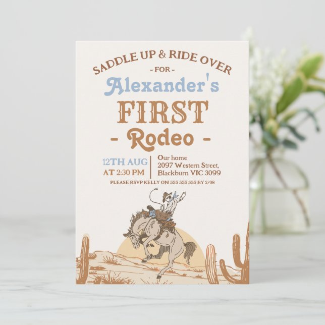 Pojkar Brun Broncos Cowboy Första Rodeo 1-årsdag Inbjudningar (Stående Fram)