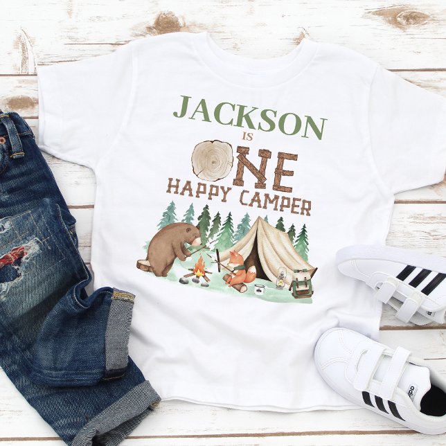 Pojkar Brun Grön En Glad Campare 1-årsfirande T Shirt (Sweet Happy Camper 1st Birthday T-shirt For Baby Boy, Brown Bear Tent Wood-like Words Pine Trees)