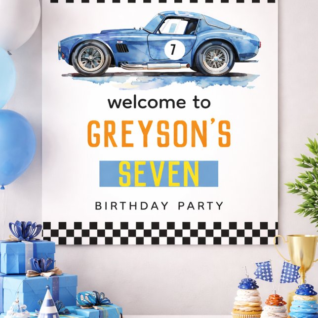 Pojkar Cool Blue Racingbil Barnkalas  Poster (Boys Cool Blue Racing Car Kids Birthday Poster)